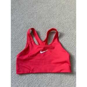 Nike Dri-FIT Womens Orange Red Racerback Sports Bra White Swoosh Logo Size Large